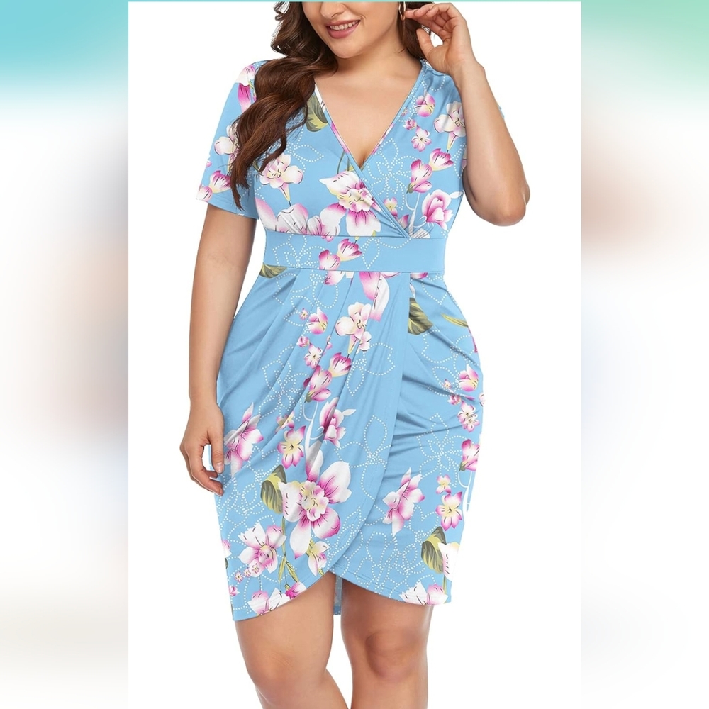 Womens Plus Size Short Sleeve Deep V Neck Bodycon Wrap Dress